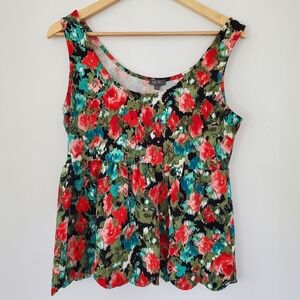 LILY ROSE Sz XL Multi-Color Floral Summer Top Scalloped Hem Ruffle Sleeveless